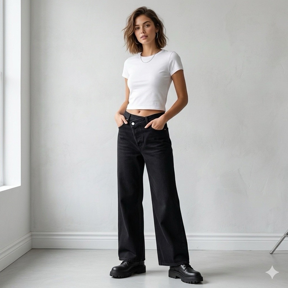 Zara Jeans 10 Black‎ Crisscross Wide Leg Minimalist AOS Samantha Richardson